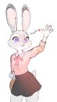  ! &lt;3 2020 anthro bottomwear clothed clothing disney english_text female fully_clothed fur gesture grey_body grey_fur hi_res judy_hopps lagomorph leporid mammal open_mouth open_smile purple_eyes rabbit simple_background skirt smile solo swetpot text waving white_background zootopia 