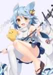  1girl :3 :d agung_syaeful_anwar animal_ears armpits azur_lane bare_shoulders bell bird blue_hair blue_skirt breasts chick commentary convenient_leg crop_top detached_sleeves fang fox_tail fubuki_(azur_lane) hair_ornament holding jingle_bell long_sleeves looking_at_viewer manjuu_(azur_lane) mast medium_breasts midriff miniskirt open_mouth platform_footwear scarf shide shirt short_hair simple_background single_thighhigh skindentation skirt smile solo tail thighhighs thighs white_background white_legwear white_shirt wide_sleeves yellow_eyes zouri 