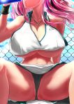  1girl azur_lane bare_legs bare_shoulders black_hair black_panties blue_sky bottle breasts bremerton_(azur_lane) bremerton_(scorching-hot_training)_(azur_lane) chain-link_fence cleavage cloud collared_shirt commentary_request cowboy_shot crop_top crop_top_overhang drinking fence green_skirt head_out_of_frame heart heart_necklace highres holding holding_bottle huge_breasts long_hair midriff multicolored_hair navel panties pink_hair shirt sidelocks sitting skirt sky sleeveless sleeveless_shirt solo sportswear spread_legs streaked_hair sweat tennis_uniform twintails two-tone_hair two-tone_shirt two-tone_skirt uenoryoma underboob underwear water_bottle white_shirt white_skirt wristband 