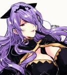  1girl breasts camilla_(fire_emblem) fire_emblem fire_emblem_fates hair_over_one_eye large_breasts long_hair naho_(pi988y) parted_lips purple_eyes purple_hair simple_background solo tiara twitter_username upper_body white_background 