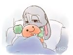  2016 anthro bed disney ears_down fur furniture grey_body grey_fur holding_object judy_hopps lagomorph leporid mammal on_bed pillow pivoted_ears plushie rabbit rikuo_(artist) solo zootopia 