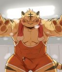  2016 anthro balls_outline barazoku blush bodily_fluids bulge cum felid genital_fluids genital_outline hi_res humanoid_hands kemono kinoshita-jiroh male mammal muscular pantherine penis_outline solo tiger wrestling_singlet 