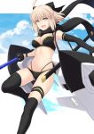  1girl ahoge bikini black_bikini black_scarf blonde_hair bow breasts cleavage commentary_request cross_(crossryou) fate/grand_order fate_(series) gloves hair_bow highres looking_at_viewer navel okita_souji_(fate)_(all) okita_souji_(swimsuit_assassin)_(fate) scarf short_hair smile solo swimsuit 