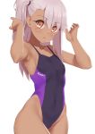  1girl bangs breasts chloe_von_einzbern dark_skin fate/kaleid_liner_prisma_illya fate_(series) highres jilu long_hair looking_at_viewer one_side_up open_mouth orange_eyes pink_hair simple_background small_breasts solo white_background 