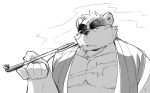  2015 anthro clothing eye_patch eyewear gouki_(the_spicy_ninja_scrolls) humanoid_hands kemono kinoshita-jiroh male mammal monochrome overweight overweight_male robe simple_background smoking solo the_spicy_ninja_scrolls ursid white_background 