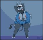  anthro areola areola_slip big_breasts blue_border border breasts chest_tuft clothed clothing female greasymojo hi_res huge_breasts hyper hyper_breasts mammal pose solo thick_thighs tuft zephyr 