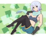  1girl adjusting_scarf ahoge armpit_peek belt black_gloves black_legwear black_tank_top blue_shorts bow breasts chris_(konosuba) cleavage closed_mouth crop_top eyebrows_visible_through_hair eyelashes facial_scar floating full_body gloves gradient_hair green_background green_scarf hair_bow kono_subarashii_sekai_ni_shukufuku_wo! looking_at_viewer midriff miripippo multicolored_hair pantyhose patterned_background purple_eyes purple_hair scar scarf short_hair short_shorts shorts silver_hair simple_background single_strap sleeveless small_breasts smile solo tank_top two-tone_hair 