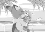  2017 absurd_res ambient_bird anthro avian bird blush canid canine carrying clothed clothing disney eye_contact fence fox fully_clothed fur hi_res judy_hopps lagomorph leaf leporid looking_at_another mammal monochrome nick_wilde one_eye_closed outside rabbit red_fox smile twstacker wink zootopia 