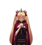  1girl absurdres black_dress black_headwear black_nails blonde_hair breasts cape commentary_request dress earrings ereshkigal_(fate/grand_order) fate/grand_order fate_(series) hair_ribbon hands_clasped highres jewelry light_blush long_hair lulin_lu_ying medium_breasts nail_polish own_hands_together red_cape red_ribbon ribbon simple_background single_sleeve skull solo spine tiara two_side_up very_long_hair white_background 
