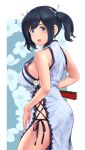  1girl alternate_costume ass bangs black_hair blue_eyes blue_hair blush breasts china_dress chinese_clothes closed_fan cowboy_shot dress eyebrows_visible_through_hair fan floral_background folding_fan from_behind hair_ribbon highres kantai_collection large_breasts long_hair looking_at_viewer open_mouth ribbon short_hair side-tie_dress sideboob simple_background smile solo souryuu_(kantai_collection) twintails two-tone_background wa_(genryusui) white_dress 