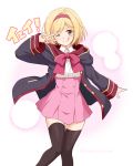 1girl alternate_costume artist_name bangs black_jacket black_legwear blonde_hair blush breasts brown_eyes character_request commentary_request cosplay djeeta_(granblue_fantasy) djeeta_(granblue_fantasy)_(cosplay) eyebrows_visible_through_hair felutiahime granblue_fantasy hair_ornament hairband highres jacket long_hair long_sleeves looking_at_viewer one_eye_closed pink_hairband princess_connect! princess_connect!_re:dive short_hair smile solo thighhighs tongue tongue_out 