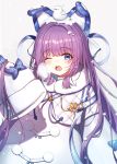 1girl animal_ears azur_lane bird blue_bow blue_eyes blush bow breath coat commentary_request eyebrows_visible_through_hair fake_animal_ears fur_trim hair_ornament hair_ribbon heart highres long_hair long_sleeves looking_at_viewer one_eye_closed open_mouth paya_(aejx2345) pom_pom_(clothes) ponytail purple_hair ribbon simple_background sleeves_past_wrists snow_on_head snowing steam tashkent_(azur_lane) very_long_hair white_background white_coat 