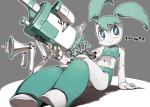  2015 5_fingers blue_eyes bottomwear clothing english_text female fingers green_body holding_object holding_weapon humanoid jenny_wakeman machine midriff my_life_as_a_teenage_robot navel nickelodeon not_furry perspective pigtails robot simple_background sitting smile solo text topwear weapon white_body ysk! 