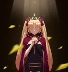  1girl absurdres black_dress black_headwear black_nails blonde_hair breasts cape commentary_request dress earrings ereshkigal_(fate/grand_order) fate/grand_order fate_(series) hair_ribbon hands_clasped highres jewelry light_blush light_rays long_hair lulin_lu_ying medium_breasts nail_polish own_hands_together petals red_cape red_ribbon ribbon single_sleeve skull solo spine tiara two_side_up very_long_hair 