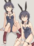  2girls adapted_costume animal_ears artist_name ascot asymmetrical_hair beige_neckwear black_hair black_leotard boots brown_eyes bunny_ears bunny_tail bunnysuit character_name dated detached_collar grey_background hair_between_eyes headphones headphones_around_neck high_heel_boots high_heels i-13_(kantai_collection) i-14_(kantai_collection) kantai_collection kawashina_(momen_silicon) leotard looking_at_viewer multiple_girls open_toe_shoes shadow short_hair simple_background sitting strapless strapless_leotard tail toeless_boots wrist_cuffs 