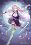  1girl artist_name belt black_jacket black_skirt breasts cherry_blossoms cleavage collarbone commentary_request floating full_body full_moon gradient_hair green_eyes green_hair green_legwear haori jacket japanese_clothes kanroji_mitsuri katana kimetsu_no_yaiba laaaaaaaa large_breasts long_hair looking_at_viewer miniskirt mole mole_under_eye moon multicolored_hair night night_sky open_mouth outdoors partially_unbuttoned petals pink_hair pleated_skirt ribbed_legwear scabbard sheath shirt skirt sky solo sword thighhighs thighs tri_braids two-tone_hair weapon whip_sword white_shirt wide_sleeves 