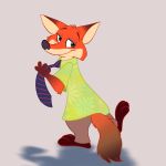  1:1 2015 anthro barefoot bottomwear canid canine cheek_tuft clothed clothing disney facial_tuft fox fully_clothed fur goldenrod_(artist) head_tuft hi_res mammal necktie nick_wilde orange_body orange_fur pants red_fox shirt simple_background smile solo topwear tuft zootopia 