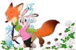  2018 anthro barefoot bottomwear canid canine cheek_tuft clothed clothing disney duo facial_tuft flower fox fully_clothed fur grey_body grey_fur japanese_text judy_hopps lagomorph leporid mammal necktie nick_wilde one_eye_closed open_mouth open_smile orange_body orange_fur pants plant purple_eyes rabbit red_fox rikuo_(artist) shirt simple_background smile text topwear tuft walking white_background wink zootopia 