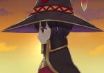  1girl bangs black_cape black_hair black_headwear blush cape cloud commentary_request dress eyebrows_visible_through_hair from_side frown hat kake_kan kono_subarashii_sekai_ni_shukufuku_wo! megumin outdoors red_dress red_eyes solo witch_hat 