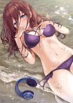  1girl bare_shoulders beach bikini blue_eyes breasts brown_hair cleavage go-toubun_no_hanayome groin hair_between_eyes headphones headphones_removed highres large_breasts long_hair looking_at_viewer lying nakano_miku navel on_back purple_bikini sand saya_(mychristian2) side-tie_bikini solo stomach swimsuit thighs water wet 