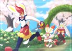  ambiguous_gender anthro basket bow_tie cinderace easter easter_egg egg evolutionary_family flower grass hi_res holding_object holidays lagomorph mammal markings nintendo open_mouth plant pok&eacute;mon pok&eacute;mon_(species) raboot red_eyes red_markings running scorbunny tem_(artist) tree video_games white_body yellow_markings yellow_nose 