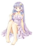  1girl arnest bare_shoulders barefoot blue_bow blue_ribbon bow breasts cleavage crescent crescent_hair_ornament dress hair_bow hair_ornament hat hat_ribbon highres large_breasts long_hair looking_at_viewer patchouli_knowledge purple_eyes purple_hair red_bow red_ribbon ribbon solo strapless strapless_dress striped striped_dress touhou very_long_hair 