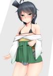  1girl bikini black_bikini black_hair blue_eyes breasts eyebrows_visible_through_hair green_eyes green_hakama grey_background hakama hat japanese_clothes kantai_collection kimono long_hair looking_at_viewer matsukaze_(kantai_collection) meiji_schoolgirl_uniform micro_bikini_top mini_hat mini_top_hat ne_an_ito short_hair small_breasts smile solo swimsuit swimsuit_under_clothes top_hat two-tone_background wavy_hair white_background white_kimono 