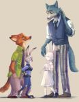  2020 absurd_res adonyne anthro barefoot beastars bottomwear brown_body brown_fur canid canine canis clothed clothing crossover disney eye_contact female footwear fox fully_clothed fur grey_body grey_fur group haru_(beastars) hi_res judy_hopps lagomorph legoshi_(beastars) leporid looking_at_another male mammal necktie nick_wilde pants police_uniform rabbit red-fox shirt shoes simple_background smile standing tan_background topwear uniform white_body white_fur wolf zootopia 