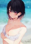  1girl achiki bare_shoulders bikini black_hair blurry blurry_background breasts cleavage collarbone depth_of_field halterneck large_breasts open_mouth original red_eyes short_hair solo strap_gap swimsuit upper_body white_bikini 