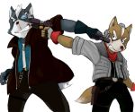  2008 anthro blood bodily_fluids bottomwear canid canine canis clothing duo fox fox_mccloud humanoid_hands kemono kinoshita-jiroh male mammal nintendo pants shirt simple_background star_fox topwear video_games weapon white_background wolf wolf_o&#039;donnell 