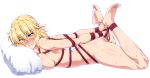  1girl barefoot blonde_hair blush breasts eyebrows_visible_through_hair full_body green_eyes large_breasts lying mizuhashi_parsee nipples nude on_stomach one_eye_closed ootsuki_wataru pillow pointy_ears saliva shibari short_hair simple_background soles solo sweat touhou white_background 