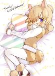  1girl alpaca_ears alpaca_girl alpaca_suri_(kemono_friends) alpaca_tail animal_ears blue_eyes commentary_request eyebrows_visible_through_hair fur_trim hair_bun hair_over_one_eye hair_tubes highres ichi001 kemono_friends long_sleeves looking_at_viewer on_bed pantyhose pillow pillow_hug scarf shirt short_hair short_shorts shorts solo striped_pillow tail vest white_fur white_hair white_legwear white_shirt 