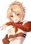  1girl bangs bare_shoulders blonde_hair blush braid breasts collarbone commentary_request detached_sleeves eyebrows_visible_through_hair fate/grand_order fate_(series) green_eyes hair_ornament hair_scrunchie highres long_hair looking_at_viewer lower_teeth moai_on mordred_(fate) mordred_(fate)_(all) no_nose open_mouth ponytail puffy_sleeves red_scrunchie red_sleeves scrunchie simple_background small_breasts smile solo upper_body white_background 