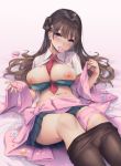  1girl bangs bed_sheet blush bra breasts brown_hair brown_legwear green_bra heart large_breasts long_hair looking_at_viewer michiking mouth_hold navel necktie nipples open_clothes original pantyhose pantyhose_pull petals pleated_skirt purple_eyes red_neckwear skirt solo underwear 