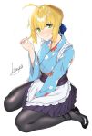  1girl ahoge apron artoria_pendragon_(all) bangs black_footwear black_legwear black_skirt blonde_hair blue_kimono blue_ribbon blush breasts closed_mouth fate/stay_night fate_(series) floral_print green_eyes hair_bun hair_ribbon highres japanese_clothes kimono long_hair long_sleeves looking_at_viewer murio pantyhose ribbon saber sidelocks simple_background skirt smile solo waist_apron white_apron white_background wide_sleeves 