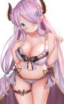  1girl ame_sagari bare_shoulders bikini blue_eyes blush braid breasts cleavage collarbone commentary_request draph granblue_fantasy hair_ornament hair_over_one_eye highres horns large_breasts lavender_hair long_hair looking_at_viewer low_tied_hair narmaya_(granblue_fantasy) navel pointy_ears purple_hair simple_background smile solo swimsuit very_long_hair white_background 