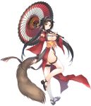  1girl animal_ears black_hair breasts cis_(utawarerumono) cleavage detached_sleeves full_body hair_tubes hairband long_hair mitsumi_misato official_art oriental_umbrella sandals solo tail thighhighs transparent_background twintails umbrella utawareru_mono utawareru_mono:_itsuwari_no_kamen white_legwear 