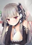  1girl azur_lane bangs barefoot between_breasts blush breasts cleavage closed_mouth commentary_request eyebrows_visible_through_hair formidable_(azur_lane) grey_hair hair_ribbon highres large_breasts loli_ta1582 long_hair looking_at_viewer lying on_stomach red_eyes ribbon smile soles solo twintails two-tone_ribbon white_ribbon 