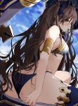  1girl armlet ass asymmetrical_legwear asymmetrical_sleeves bangs bare_shoulders blue_panties blue_sky blush breasts brown_hair crown detached_sleeves earrings fate/grand_order fate_(series) heavenly_boat_maanna highres hoop_earrings ishtar_(fate)_(all) ishtar_(fate/grand_order) jewelry large_breasts long_hair looking_to_the_side panties red_eyes single_detached_sleeve single_thighhigh sky smile thighhighs thighs tiara two_side_up underwear very_long_hair weapon xretakex 