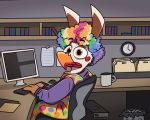  2019 anthro avian beak biped bird blush brown_body brown_feathers chair clothed clothing clown clown_paint computer computer_keyboard computer_monitor computer_mouse computer_screen cup desk digital_media_(artwork) feathers furniture humor keyboard lipstick looking_at_viewer makeup male meme monitor office office_chair piemations pretzel_(piemations) sitting solo wig 