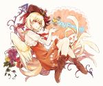  1girl animal beige_background bird bird_tail bird_wings blonde_hair boots brown_footwear capelet chick dress easter_egg egg flower food fruit full_body grapes hair_flower hair_ornament hat hisona_(suaritesumi) niwatari_kutaka orange_dress parted_lips puffy_short_sleeves puffy_sleeves red_eyes red_flower red_headwear short_hair short_sleeves solo touhou white_capelet wings 