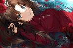  1girl absurdres black_hair blue_eyes breasts commentary fate/stay_night fate_(series) flower hair_ribbon highres kanniepan long_hair looking_at_viewer lying on_back red_flower ribbon solo thighhighs toosaka_rin two_side_up upper_body 