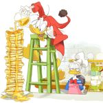  1:1 2012 anatid anseriform anthro avian beak being_watched bird clothing detailed_background disney donald_duck duck duo food hat headgear headwear ladder looking_at_another low_res male nemurism open_mouth pancake 