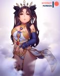  1girl armlet artist_name bangs bare_shoulders black_hair breasts cleavage commentary earrings fate/grand_order fate_(series) hair_ribbon hoop_earrings ishtar_(fate)_(all) ishtar_(fate/grand_order) jewelry long_hair looking_at_viewer mystra77 parted_bangs red_eyes ribbon single_thighhigh solo steam thighhighs two_side_up 