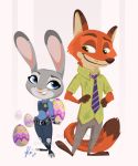  2016 anthro bottomwear canid canine clothed clothing dipstick_ears disney duo easter_egg fox fully_clothed fur grey_body grey_fur holding_object judy_hopps kinkei lagomorph leporid looking_at_another mammal multicolored_ears necktie nick_wilde orange_body orange_fur pants rabbit red_fox shirt smile topwear zootopia 