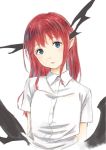  1girl :/ alternate_eye_color blue_eyes collared_shirt commentary_request dress_shirt expressionless head_tilt highres koakuma long_hair looking_at_viewer low_wings nagata_nagato pointy_ears red_hair shirt short_sleeves sidelocks simple_background solo touhou white_background white_shirt wings 