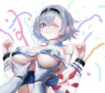  1boy 1girl ;| anchor_symbol armlet azur_lane bangs bare_shoulders beltbra black_hairband blush breast_grab breasts cheerleader cl commander_(azur_lane) commentary_request crop_top crop_top_overhang eagle_union_(emblem)_(azur_lane) eyebrows_visible_through_hair gloves grabbing grey_hair hair_between_eyes hairband large_breasts long_sleeves looking_at_viewer midriff navel parted_hair pov pov_hands purple_eyes purple_sash reno_(azur_lane) reno_(biggest_little_cheerleader)_(azur_lane) sash see-through see-through_sleeves sheer_clothes shirt short_hair sidelocks sleeveless solo_focus standing streamers underboob upper_body w_arms wavy_mouth white_background white_gloves 