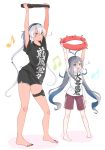  2girls alternate_costume antenna_hair bangs barefoot black_shirt black_shorts blue_hair blush breasts clothes_writing dark_skin enemy_lifebuoy_(kantai_collection) eyebrows_visible_through_hair flying_sweatdrops full_body glasses grey_hair highres holding joy-con kantai_collection kiyoshimo_(kantai_collection) long_hair low_twintails multicolored_hair multiple_girls musashi_(kantai_collection) musical_note open_mouth ring-con ring_fit_adventure shadow shinkaisei-kan shirt short_sleeves shorts simple_background smile standing t-shirt toenail_polish twintails white_hair white_shirt yunamaro 