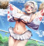  1girl ;d absurdres anchor_symbol armlet armpits azur_lane bangs bare_shoulders black_bra black_hairband black_panties blue_sky blush bra breasts chain-link_fence cheerleader cloud commentary confetti cowboy_shot crop_top crop_top_overhang day dvdraw eyebrows_visible_through_hair fence grey_hair groin hairband heavy_breathing highres holding_pom_poms huge_filesize large_breasts looking_at_viewer lower_teeth midriff miniskirt navel nose_blush one_eye_closed open_mouth outdoors outstretched_arms panties pom_poms purple_eyes purple_sash reno_(azur_lane) reno_(biggest_little_cheerleader)_(azur_lane) sash see-through see-through_skirt sheer_clothes short_hair sidelocks skirt sky sleeveless smile solo standing sweat tongue tree underboob underwear water_drop 