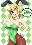  1girl absurdres akatsuki_kirika animal_ears blonde_hair blush bow bowtie breasts bunny_ears bunny_girl bunnysuit covered_navel detached_collar fake_animal_ears fishnet_legwear fishnets gdgdxd96 green_eyes green_leotard hair_ornament happy_birthday highres large_breasts leotard pantyhose senki_zesshou_symphogear shiny shiny_hair shiny_skin short_hair smile solo standing strapless strapless_leotard wrist_cuffs x_hair_ornament 